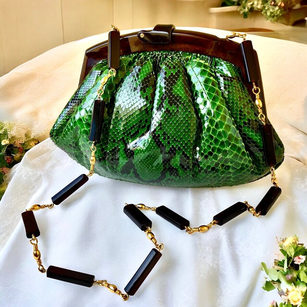 Vtg Colombetti Milano Green Snakeskin Clutch Bag Lucite Chain Strap Italy 80s